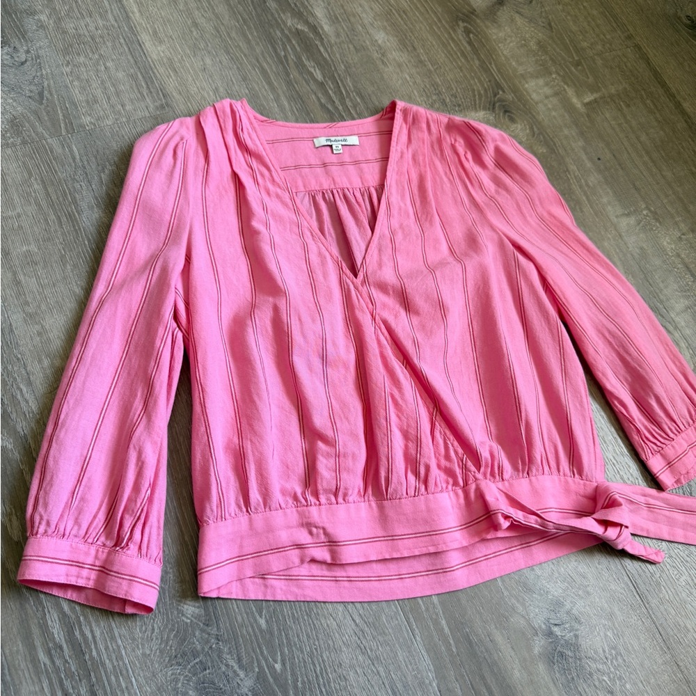 Madewell Pink V-Neck Blouse with Tie Detail-Size XS